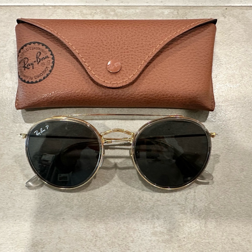 Ray Ban Round Double Bridge Polarized Lenses Gold Sunglasses with Case MSRP 219